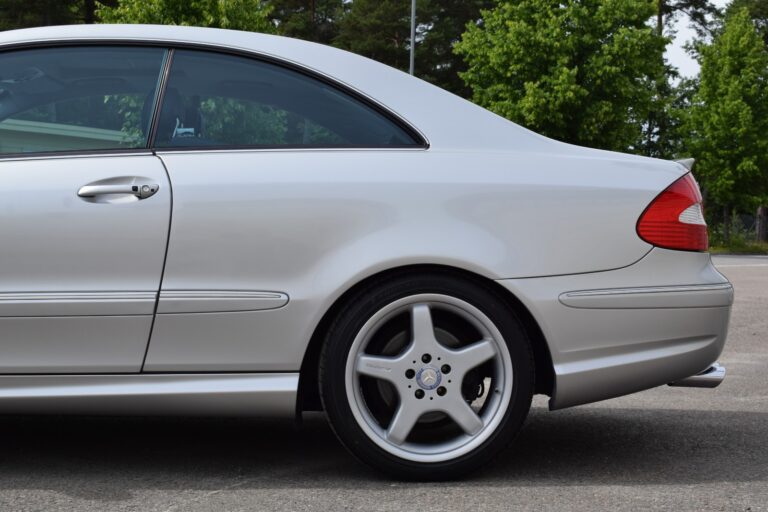 Side view of the rear half of a silver coupe parked outdoors, showing the wheel, door, and trunk against a background of trees and pavement.