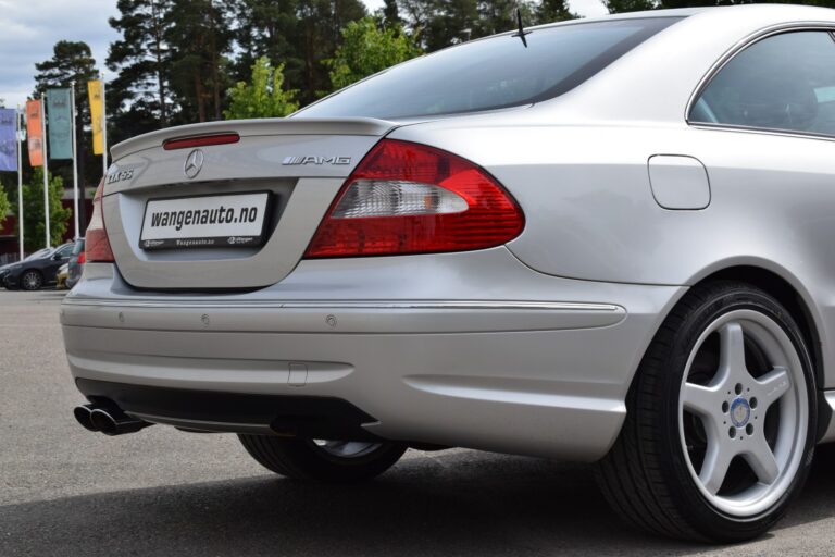 Rear view of a silver Mercedes-Benz AMG parked outdoors, showcasing the car's taillights, license plate, and dual exhaust pipes. Trees and flags are visible in the background.