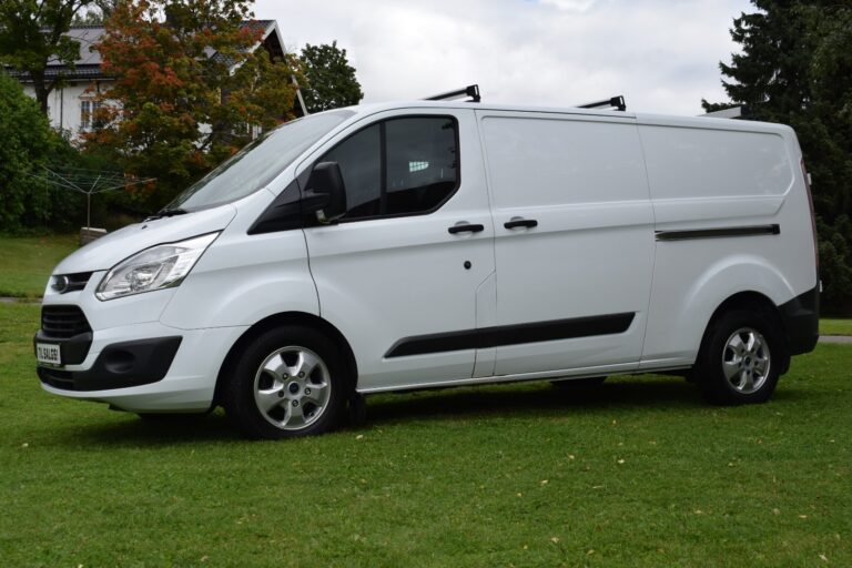 White cargo van parked on grass with trees and a building in the background.