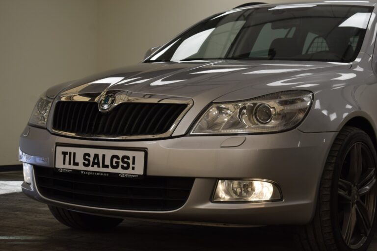 A silver Skoda car with a "TIL SALGS!" sign on the front, indicating it is for sale.