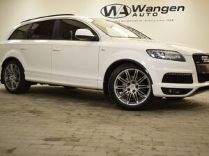 A white Audi SUV is parked indoors on a tiled floor, with a "Wangen Auto" sign visible in the background.